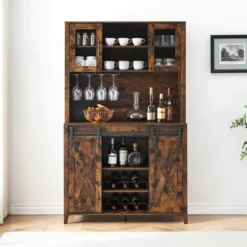 Garvee Coffee Bar Wine Cabinet With Sliding Barn Doors, 70" Tall Farmhouse Kitchen Hutch With Wine & Glasses Rack, For Kitchen, Dining Room -Baxton Studio Shop GUEST c41167d0 b034 423d b3f8 844dacee8c59