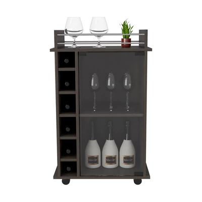 Gulches Modern Bar Cart With Glass Door Cabinet, 6 Liquor Cubbies, Locking Wheels And Spacious Top For Cocktails 4 Gulches Modern Bar Cart With Glass Door Cabinet, 6 Liquor Cubbies, Locking Wheels And Spacious Top For Cocktails - Image 4