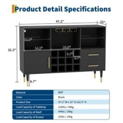 Jojoka 47 Inch Wine Bar Cabinet With Storage, Led Lights & Charging Station, Wood Coffee Bar Station