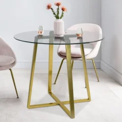 32" Hana Tempered Glass Top Modern Round Dining Table Gold 4 Point/Leg-The Pop Maison -Baxton Studio Shop GUEST c465abe4 25de 4083 a7e4 3265bc406d94