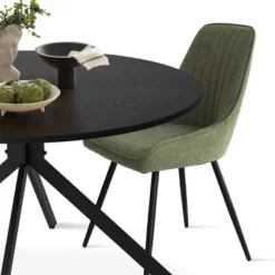 43'' Jones Solid Black Grain Round Dining Table With 4 Upholstered Fabric Tiny Armchairs With Metal Legs-The Pop Maison