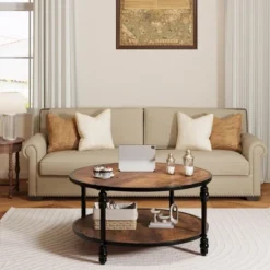 Whizmax Round Coffee Table, Rustic Wooden Surface Top & Sturdy Metal Legs Industrial Sofa Table For Living Room -Baxton Studio Shop GUEST c4b9f6f7 d099 404a aabb a5e3d8ad33bf