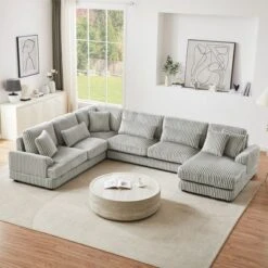 129" Oversized Sectional Sofa U-shaped Sofa Couch Modern Sofa Upholstered In Soft Corduroy With A Chaise Lounge For Living Room, Beige -Baxton Studio Shop GUEST c5609d13 1565 44fd b16f 3df3bdfcdfdd