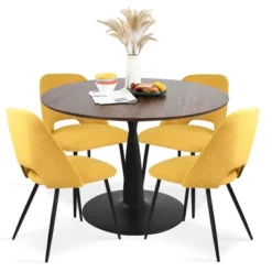 Harold+Edwin 5-Piece Walnut Foil Round Top Pedestal Dining Table Set With 4 Upholstered Chairs -The Pop Maison 14 Harold+Edwin 5-Piece Walnut Foil Round Top Pedestal Dining Table Set With 4 Upholstered Chairs -The Pop Maison -Baxton Studio Shop GUEST c564d940 9636 4910 b59a 4183e067353b