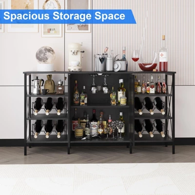 55.12" Farmhouse Wine Bar Cabinet With Wine Rack And Glass Holder, Rustic Coffee Bar ,Metal Sideboard And Liquor Table Cabinet 2 55.12" Farmhouse Wine Bar Cabinet With Wine Rack And Glass Holder, Rustic Coffee Bar ,Metal Sideboard And Liquor Table Cabinet - Image 2