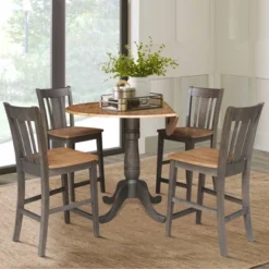 5pc 42" Round Dual Drop Leaf Counter Height Dining Table With 4 Splat Back Stools Hickory/Washed Coal - International Concepts -Baxton Studio Shop GUEST c69c99be 68a5 4135 b96a 5132fddd6bad