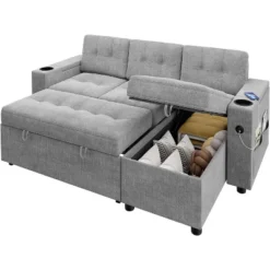 L-Shaped Sleeper Sofa Bed With Pull-Out Mattress, Storage Armrests, Cup Holders & USB, Space Saving Sectional Couch -Baxton Studio Shop GUEST c7062cf3 e327 4a76 9344 0b2834f3bed9