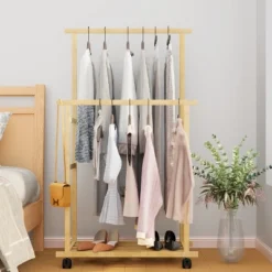 Artloge Thicken Double Rod Bamboo Hanging Clothes Rack Portable Rolling Coat Garment Stand Storage Organizer With Shoe Shelves & Wheels 13 Artloge Thicken Double Rod Bamboo Hanging Clothes Rack Portable Rolling Coat Garment Stand Storage Organizer With Shoe Shelves & Wheels -Baxton Studio Shop GUEST c76801aa 0650 4710 823d e64cb6b758d9