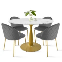 40'' Harris Round Artificial Marble Top Pedestal Modern Dining Table Gold Base- The Pop Maison -Baxton Studio Shop GUEST c8c7404a a3f0 4b33 9bef 1a4775ef19d0
