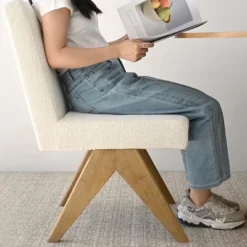 Set Of 2 Boucle Dining Chairs, Upholstered Armless Side Chairs With Solid Oak V-Leg Design For Modern Dining Room-Maison Boucle