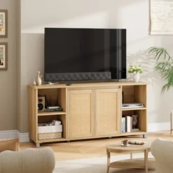 70 Inch TV Stand, Boho TV Stand With Rattan Cabinet Doors, Entertainment Center With 4 Open Shelve, Mid-Century Modern TV Stands - Natural -Baxton Studio Shop GUEST ca42473d a2cd 4fb2 b825 86b6f249a293