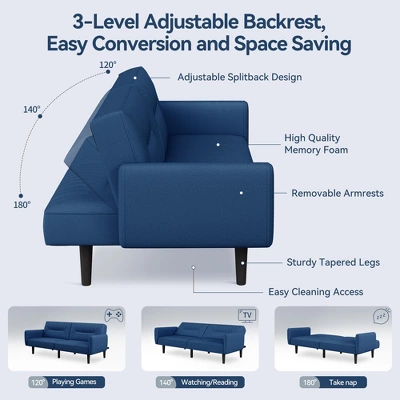 Dyonery 75.8" Linen Fabric Comfy Futon Couch Bed For Living Room 3 Seater Convertible Sleeper Sofa With Adjustable Backrests Modern Folding Loveseat 2 Dyonery 75.8" Linen Fabric Comfy Futon Couch Bed For Living Room 3 Seater Convertible Sleeper Sofa With Adjustable Backrests Modern Folding Loveseat - Image 2