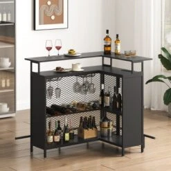 EROMMY L Shaped Bar Cabinet, 4-tier Bar Table With Wine Rack And Led Lights, Corner Bar Stand With Storage, Liquor Cabinet For Dining Room, Kitchen