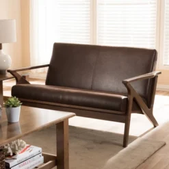 Bianca Mid-Modern Walnut Wood Distressed Faux Leather 2 Seater Loveseat Dark Brown - Baxton Studio -Baxton Studio Shop GUEST cb9850fb ca10 4e42 8bde d6844820136b