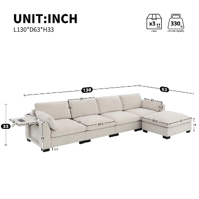 130" L-Shaped Sectional Sofa, 5 Seat Chenille Modular Sofa Couch With Folding Table, Dual USB Charging & Ottoman, Beige/Gray - ModernLuxe 2 130" L-Shaped Sectional Sofa, 5 Seat Chenille Modular Sofa Couch With Folding Table, Dual USB Charging & Ottoman, Beige/Gray - ModernLuxe - Image 2