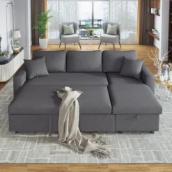 87.4"W Modern L-Shaped Sectional Sofa, Elegant Upholstered Sleeper Sofa Bed With Storage Chaise & 2 Throw Pillows, Gray - ModernLuxe