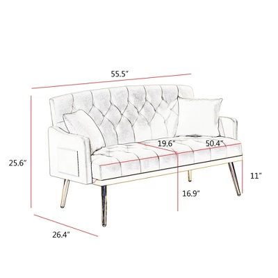 2-Seater Teddy Fabric Sofa With Tufted Back And Seat, 2 Pillows And Gold Metal Legs For Living Room 7 2-Seater Teddy Fabric Sofa With Tufted Back And Seat, 2 Pillows And Gold Metal Legs For Living Room - Image 7