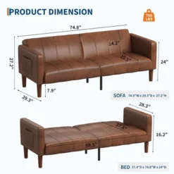 75" Futon Sofa Bed, Convertible Sleeper, Faux Leather Small Couch, Loveseat, Mid-Century Modern Couch For Living Room, Bedroom, Brown -Baxton Studio Shop GUEST cf1b515e 8e99 48e8 bb00 fa8ed3cba2a6