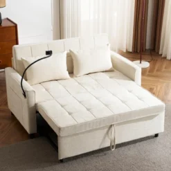 56.9"W Loveseat Sofa, Pull-Out Sleeper Sofa Bed With Adjustable Backrest, Side Pockets, Two USB Ports And A Phone Holder - ModernLuxe