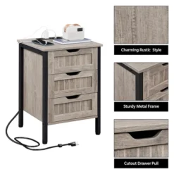 Yaheetech Rustic Side Table With 3 Drawers And Charging Station, Gray -Baxton Studio Shop GUEST cf957dfe 8b83 410b a099 16c2381943dc