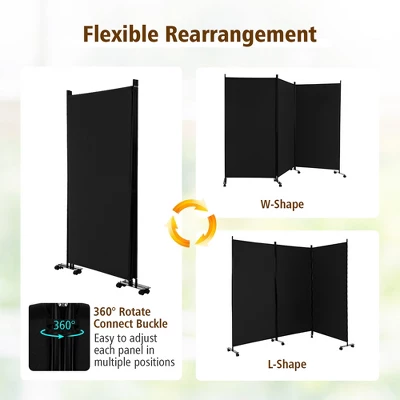 Costway 3-Panel Folding Room Divider 6Ft Rolling Privacy Screen WithLockable Wheels Black/Brown/Grey/White 6 Costway 3-Panel Folding Room Divider 6Ft Rolling Privacy Screen WithLockable Wheels Black/Brown/Grey/White - Image 6