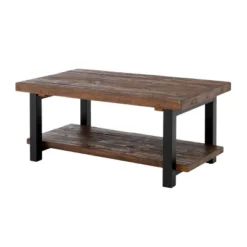 Alaterre Furniture 42" Pomona Wide Coffee Table Wood Rustic Natural: Fixed Shelf, Metal Frame, Living Room Furniture
