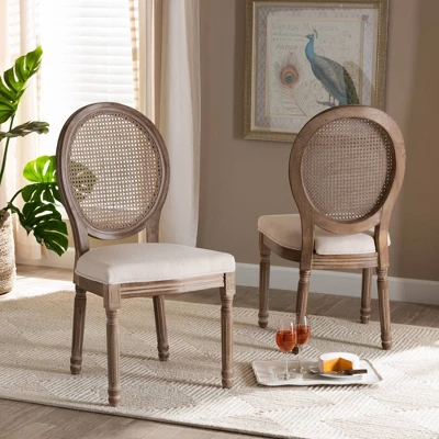 Set Of 2 Louis Fabric Upholstered With Rattan And Wood Dining Chairs Beige/Brown - Baxton Studio 1 Set Of 2 Louis Fabric Upholstered With Rattan And Wood Dining Chairs Beige/Brown - Baxton Studio
