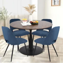Harold+Edwin 5-Piece Walnut Foil Round Top Pedestal Dining Table Set With 4 Upholstered Chairs -The Pop Maison 21 Harold+Edwin 5-Piece Walnut Foil Round Top Pedestal Dining Table Set With 4 Upholstered Chairs -The Pop Maison -Baxton Studio Shop GUEST d3aced2a df01 4c9f 8e09 bd442b4369cd