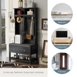 33.5" 3-in-1 Design Hall Tree With 4 Hooks, Coat Hanger And Entryway Storage Bench - ModernLuxe -Baxton Studio Shop GUEST d3bc2c7b 4e88 4487 8f74 b7ef501a876e