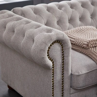 Chesterfield Linen Tufted Nailhead Upholstered Sofa With Wooden Legs - ModernLuxe 9 Chesterfield Linen Tufted Nailhead Upholstered Sofa With Wooden Legs - ModernLuxe - Image 9