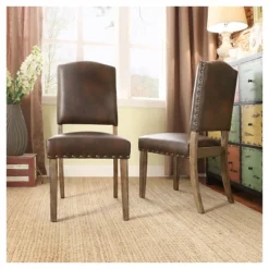 Set Of 2 Cobble Hill Nailhead Accent Dining Chair Wood Marbled Chocolate - Inspire Q: Rubberwood Frame, Bonded Leather -Baxton Studio Shop GUEST d41b7f34 c21c 4015 a0c0 821e69d1c76d