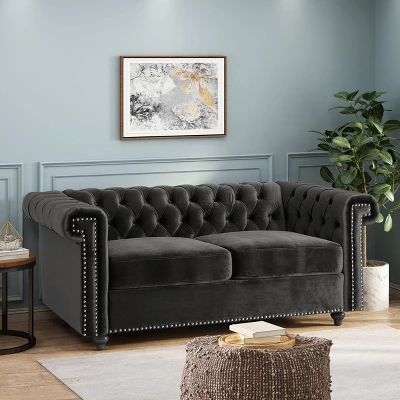 Brinkhaven Modern Glam Tufted Velvet Loveseat With Nailhead Trim - Christopher Knight Home 1 Brinkhaven Modern Glam Tufted Velvet Loveseat With Nailhead Trim - Christopher Knight Home