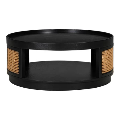 36.8'' Modern Round Coffee Table, 2 Tier Wooden Center Table With PE Rattan Side, Accent Cocktail End Table For Living Room Bedroom Office 4 36.8'' Modern Round Coffee Table, 2 Tier Wooden Center Table With PE Rattan Side, Accent Cocktail End Table For Living Room Bedroom Office - Image 4