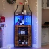 Corner Bar Cabinet, 61" Farmhouse Wine Rack With LED Light, Detachable 5-Tier Industrial Cabinet With Glass Holder & Adjustable Shelves-Brown