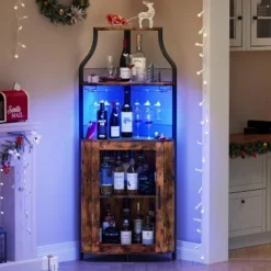 Corner Bar Cabinet, 61" Farmhouse Wine Rack With LED Light, Detachable 5-Tier Industrial Cabinet With Glass Holder & Adjustable Shelves-Brown