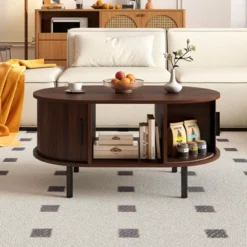 Costway Oval Coffee Table With Storage Sliding Tambour Doors Open Compartment