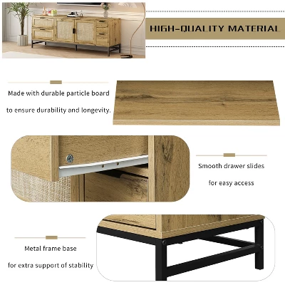 59.09" Elegant Rattan TV Stand With Adjustable Shelves And Wood Grain Finish - ModernLuxe 8 59.09" Elegant Rattan TV Stand With Adjustable Shelves And Wood Grain Finish - ModernLuxe - Image 8