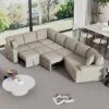 126"W Convertible Sectional Sofa Couch Set, Pull-out Sleeper Sofa Bed With Charging Devices And Cup Holders 4S -ModernLuxe