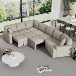 126"W Convertible Sectional Sofa Couch Set, Pull-out Sleeper Sofa Bed With Charging Devices And Cup Holders 4S -ModernLuxe