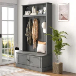 HOMCOM Hall Tree With Bench And Shoe Storage, Entryway Bench With Coat Rack, Mudroom Bench With Storage And Hooks For Hallway, Gray
