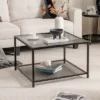 Costway Glass Coffee Table 27.5 Inch 2-Tier Square With Mesh Shelf Living Room Grey/Transparent
