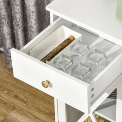 HOMCOM 45" Farmhouse Style Kitchen Sideboard, Serving Buffet Cabinet, Storage Cupboard With Glass Doors And 3 Drawers, White -Baxton Studio Shop GUEST d8e0e37f 455f 4169 84a7 1d8a2796091c