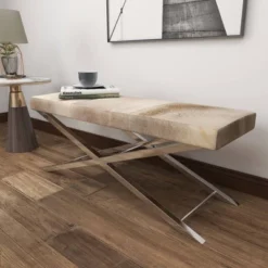 Contemporary Stainless Steel Cowhide X-Bench Beige - Olivia & May -Baxton Studio Shop GUEST d944855a 1e98 45a5 9b52 1ecde5e7d813