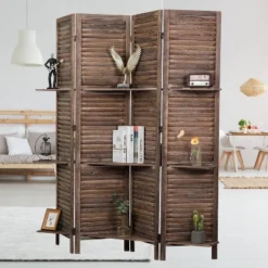 Rancho 4 Shelf Panel Folding Screen Room Partition Paulownia Wood - Proman Products -Baxton Studio Shop GUEST d9cc7980 8629 4f68 95e4 35409858fbbd