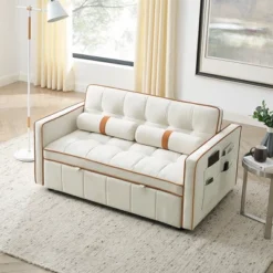 Modern 55.5" Pull Out Sleep Sofa Bed 2 Seater Loveseats Sofa Couch With Side Pockets