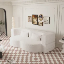 TIRAMISUBEST Floor Loveseat With 2 Pillows, Convertible Teddy Fabric Sleeper Sofa Bed, Full Size Folding Mattress