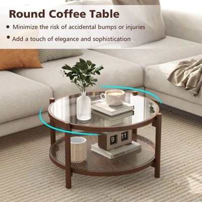 Costway Wooden 31" Round Coffee Table With Tempered Glass Top Handmade Rattan Shelf 8 Costway Wooden 31" Round Coffee Table With Tempered Glass Top Handmade Rattan Shelf - Image 8
