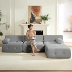Mjkone L-Shaped Velvet 3-Seater Modular Sectional Sofa With Ottoman, Convertible Sofa Couches With Rivet Trim -Baxton Studio Shop GUEST db7159d9 0117 4c2c a06c b0bde10957b9