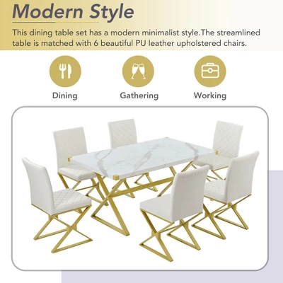7 PCS Modern Dining Table Set, Marble Texture Kitchen Table And 6 PU Leather Chairs With X-Shaped Gold Steel Pipe Legs, White+Gold-ModernLuxe 4 7 PCS Modern Dining Table Set, Marble Texture Kitchen Table And 6 PU Leather Chairs With X-Shaped Gold Steel Pipe Legs, White+Gold-ModernLuxe - Image 4