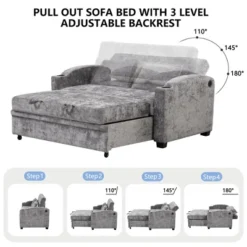 61.4" Pull Out Chenille Loveseat Sofa Bed With Adjustable Backrest, USB Ports, Cup Holders And Pillows -Baxton Studio Shop GUEST dbff5b72 a679 49ae a3dc c513010768f7